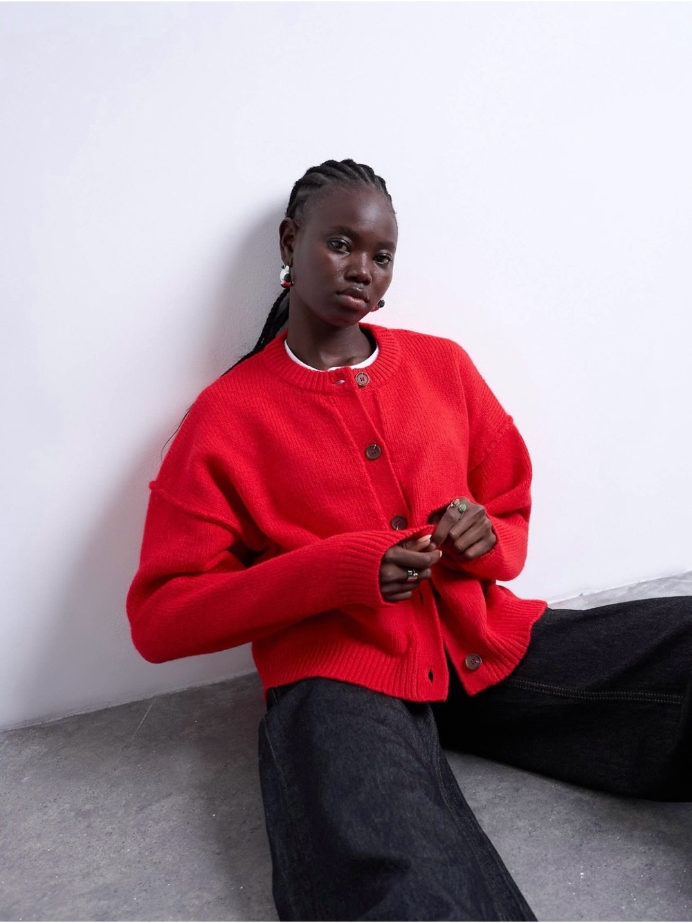 ASOS TopShop Exposed Seam Relaxed Chunky Knit Cardigan in Red Size XS
